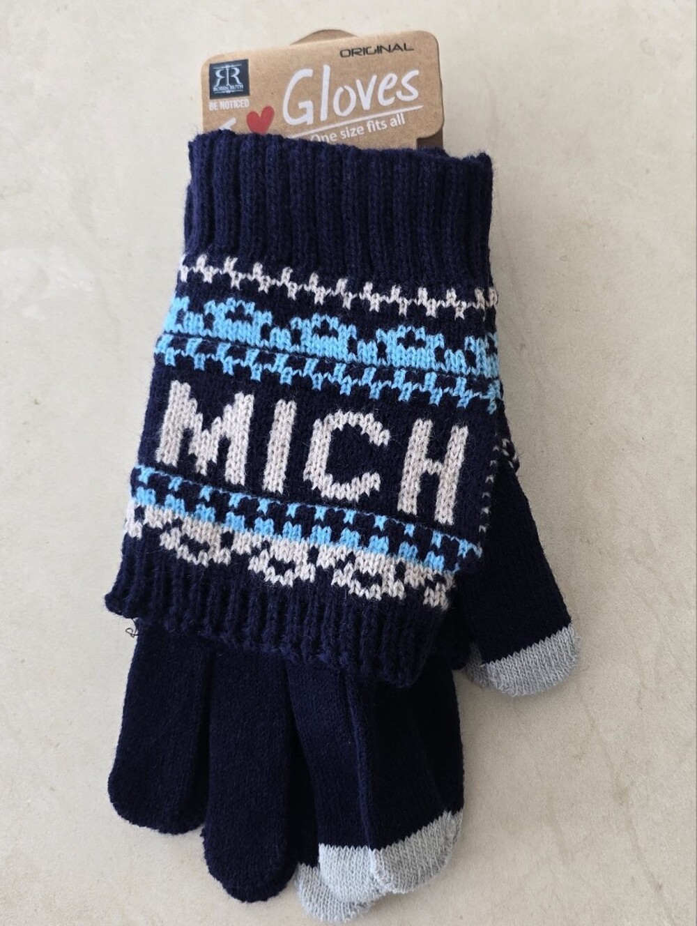 NWT Michigan Knit Finger Gloves - Navy Blue and Cream With Fair Isle Accent - OS